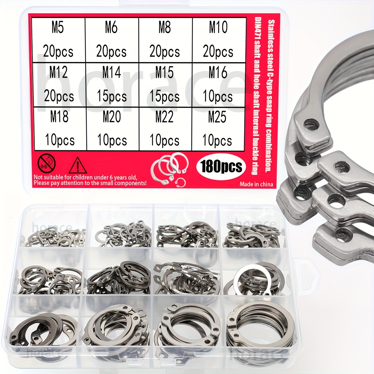 TEMU Kit assortimento di anelli a C in acciaio inossidabile da 180 pezzi - Anelli di retenzione per albero DIN471, dimensioni M5 - M25, anelli di