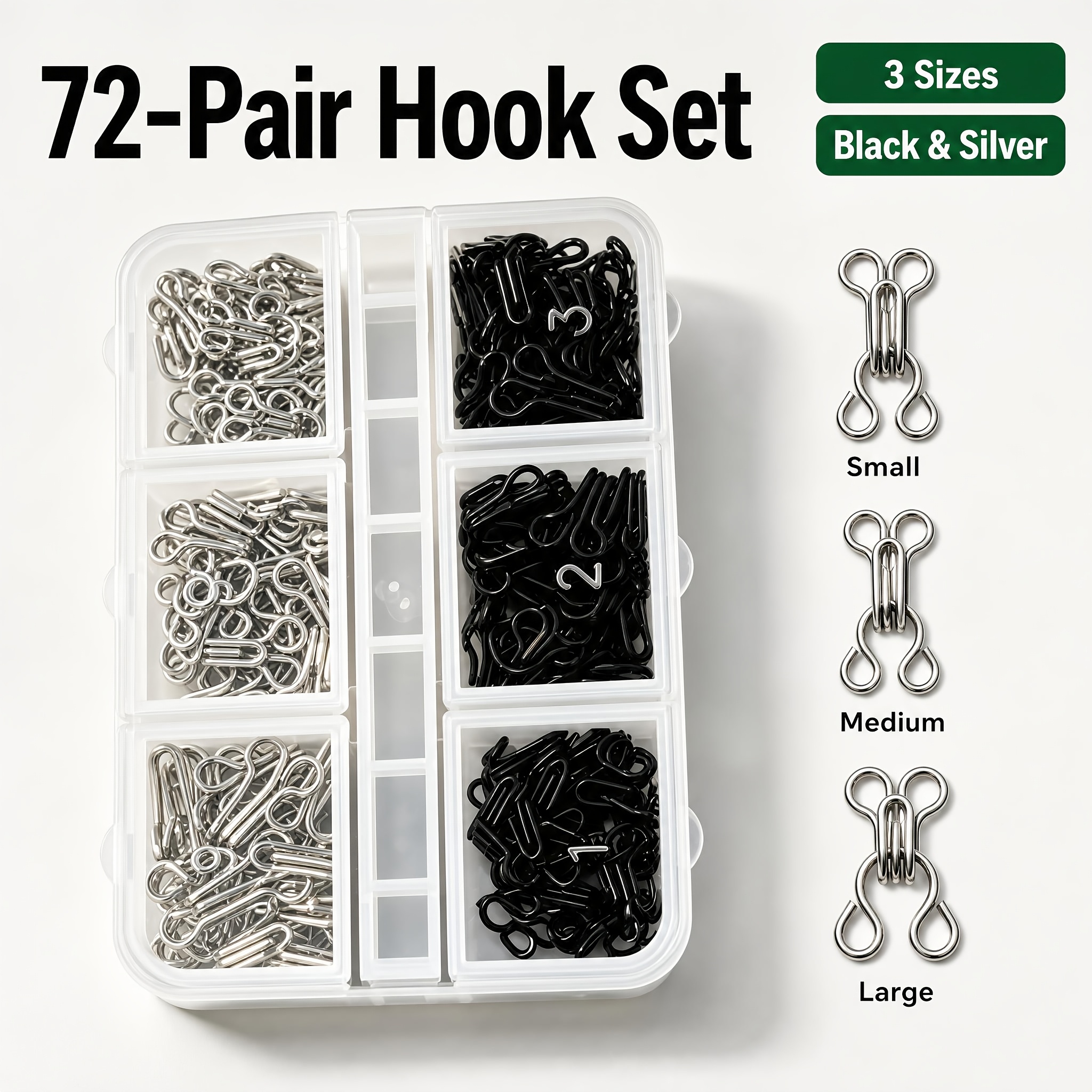TEMU 72 Pairs Sewing Hooks And Eyes, Metal Bra Hook Replacement With Storage Box, 3 Sizes Fastener Closures For Repair