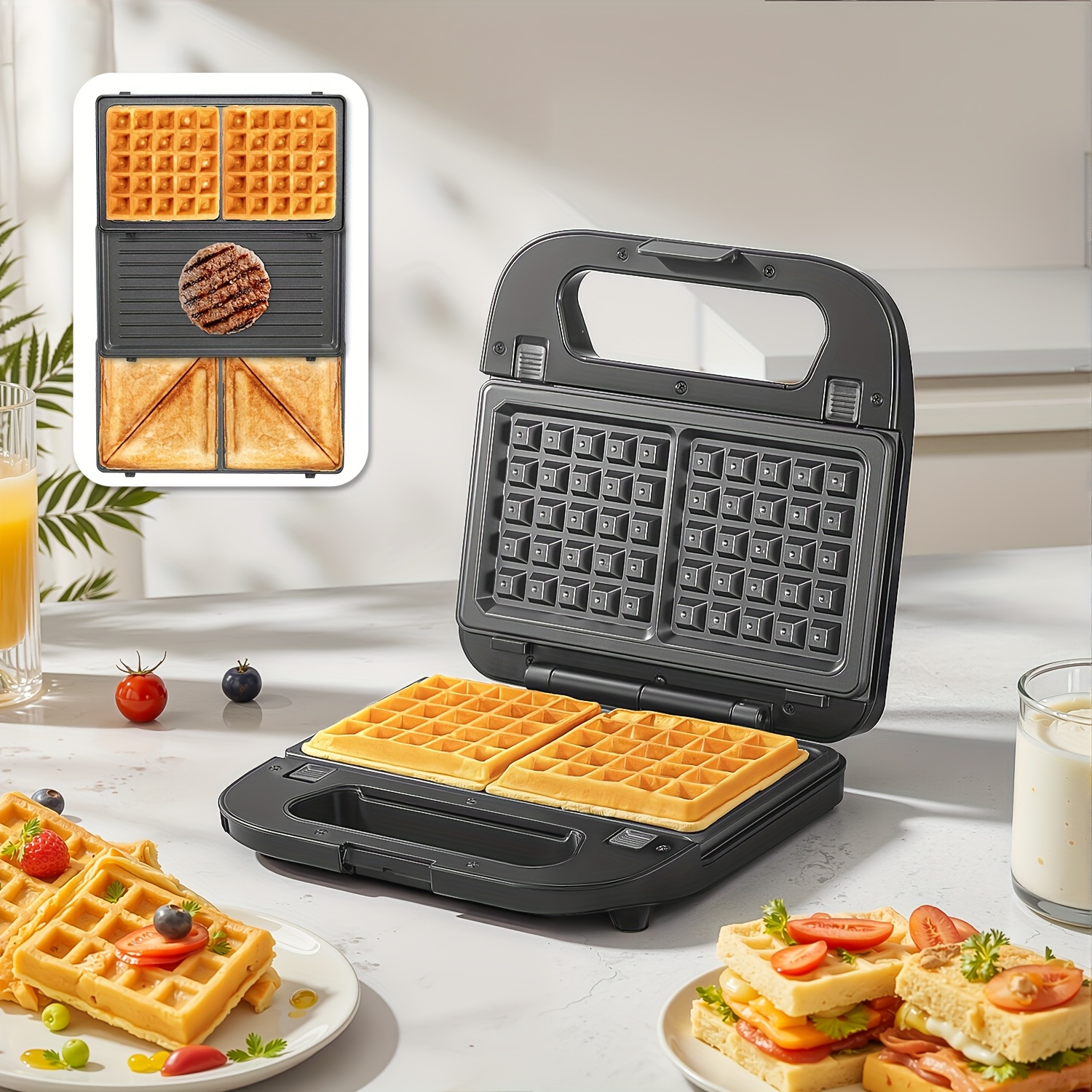 TEMU Appareil à , Grill et Sandwich 3-en-1 avec Plaques Antiadhésives Amovibles, Presse à Panini et Fer à pour Fromage , Burgers, Steaks et Snacks