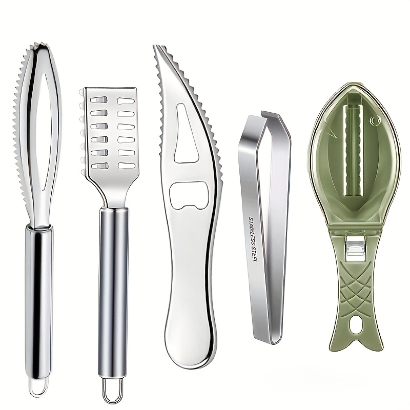 E-shop 5-teiliges Set professioneller Fischentferner-Werkzeuge aus Edelstahl, inklusive Schaber, Bürste mit Flaschenöffner und Pinzette für Fischgräten