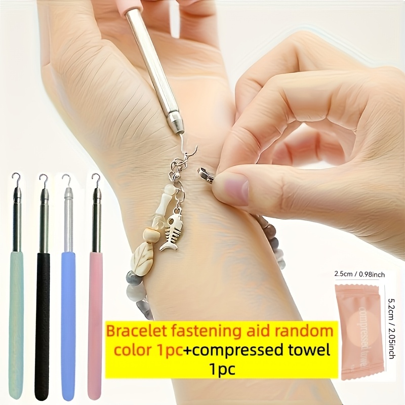 TEMU 1 Wear Jewelry Bracelet Wearing Bangle Necklace Hook Tool Random Color + 1 Compressed Towel - Wrist Fixing Accessory, Durable Metal,