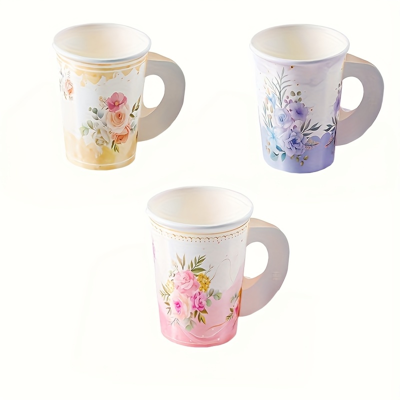 Image of A Set Of 24 Disposable 7oz Tea Party Paper Cups With Handles, Featuring Floral Designs, Suitable For Weddings, Parties, Mother's Day, Baby Showers, And Spring Events