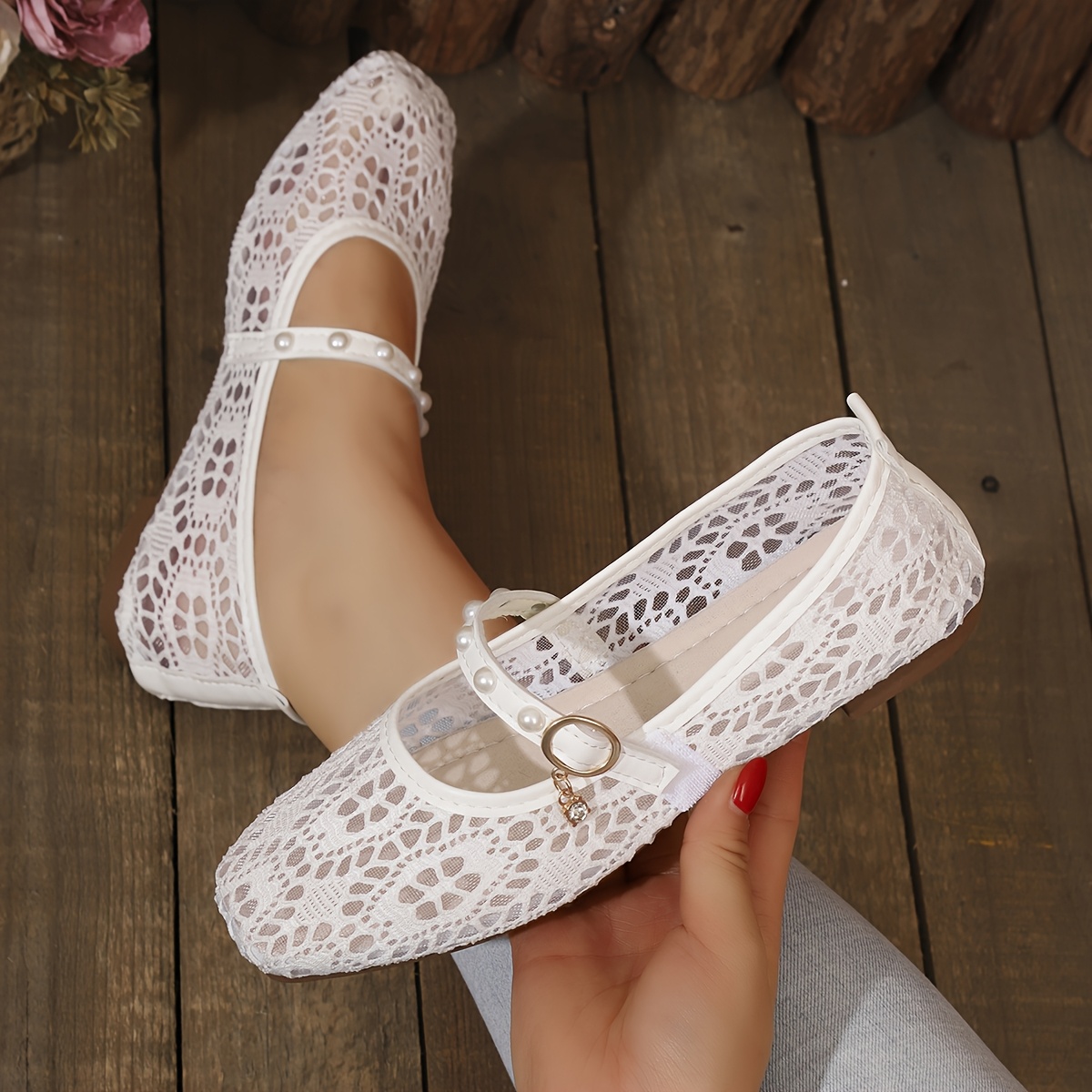 lace mesh   soft sole granny shoes pearl t strap single shoes plus size feet lazy shoes comfortable for commuting and work women shoes
