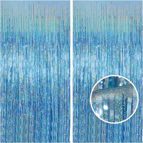 2 pack laser light blue fringe party backdrop for ocean theme birthday wedding party photo booth props decoration