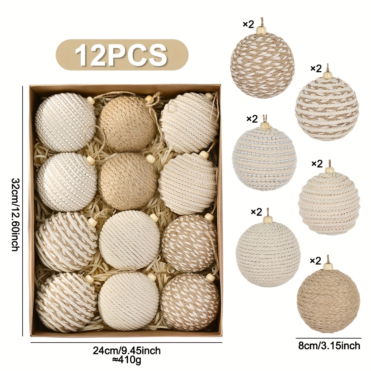 TEMU 12pcs 3.15inch Brown Jute Rope Christmas Balls Christmas Tree Decoration Set, With Wooden Hanging Hook, Natural Texture Easy All-match Rustic