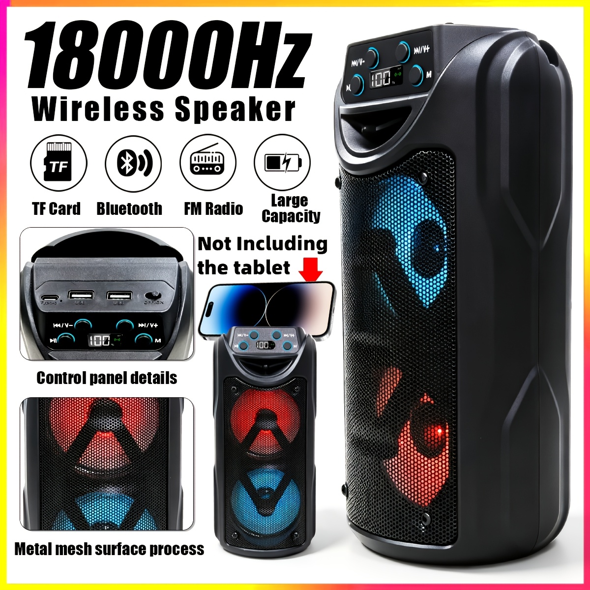 TEMU 18000hz Outdoor Wireless Portable Speaker, Wireless Audio Device, Stereo Subwoofer, Supports Wireless/tws/tf Card/aux , Loud Volume Speaker,