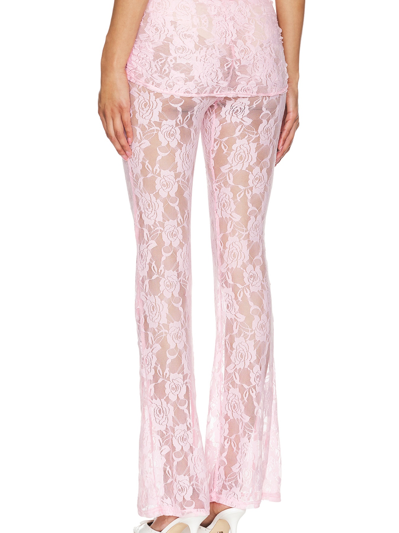 womens floral lace sheer mesh flare bell pants elastic low Temu - Main Image