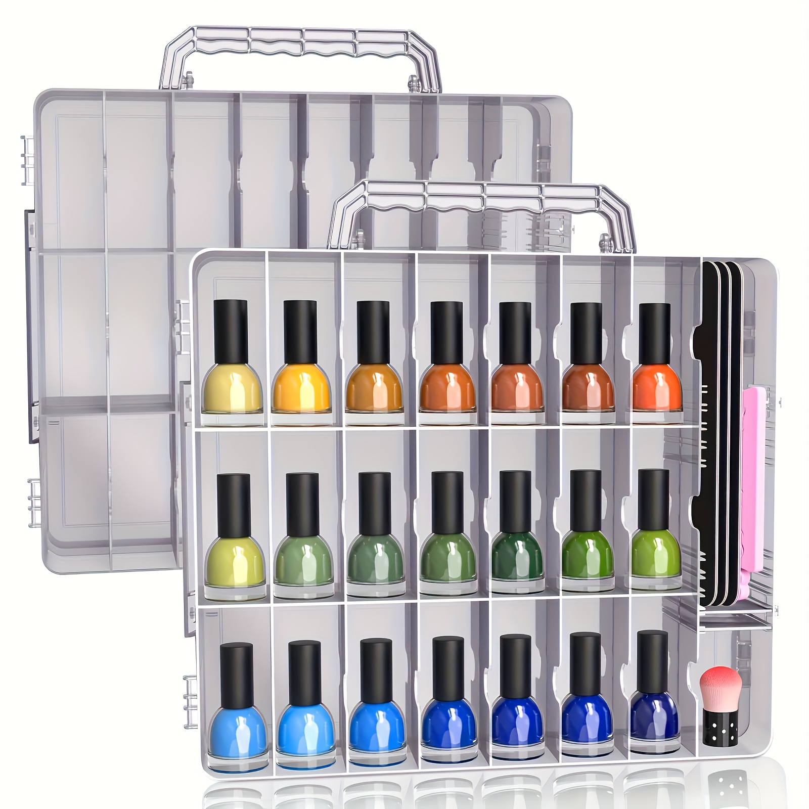 

Boîte de rangement en plastique pour 48 vernis à ongles, avec un étui de maquillage portable et un design à double couche pour les outils de nail art.