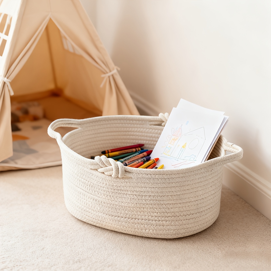 Inwagui Foldable Rope Basket with Handles, Oval Laundry Basket Stackable, Soft And Firm Storage Basket for Clothes, Blanket, Towels, Socks, Decorative Basket Box, Bathroom, Bedroom, Spring Summer, Laundry Baskets