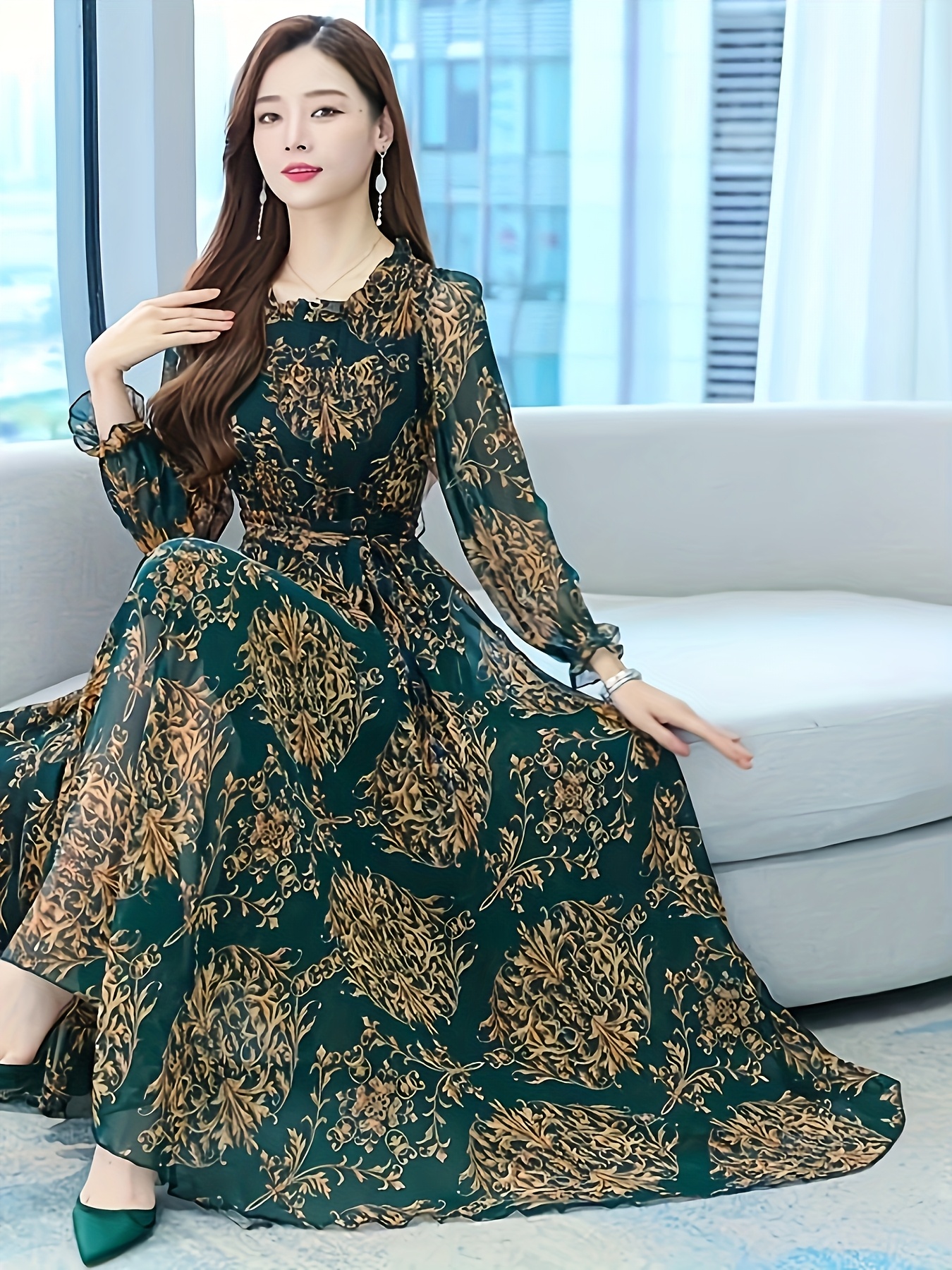 Emerald green floral print chiffon maxi dress with square neck A line sleeves and ruffled hem