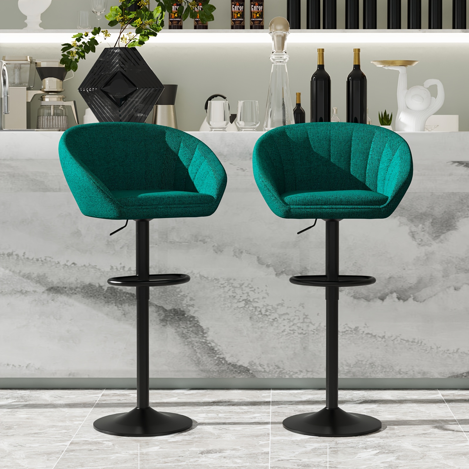 Image of 2-pack Velvet For Bar Stool, 360-degree Swivel, With Footrest, Adjustable Height 60-82cm, Soft Low Backrest, Suitable For Bar, Living Room, Dining Room, Green, Off-white, Gray