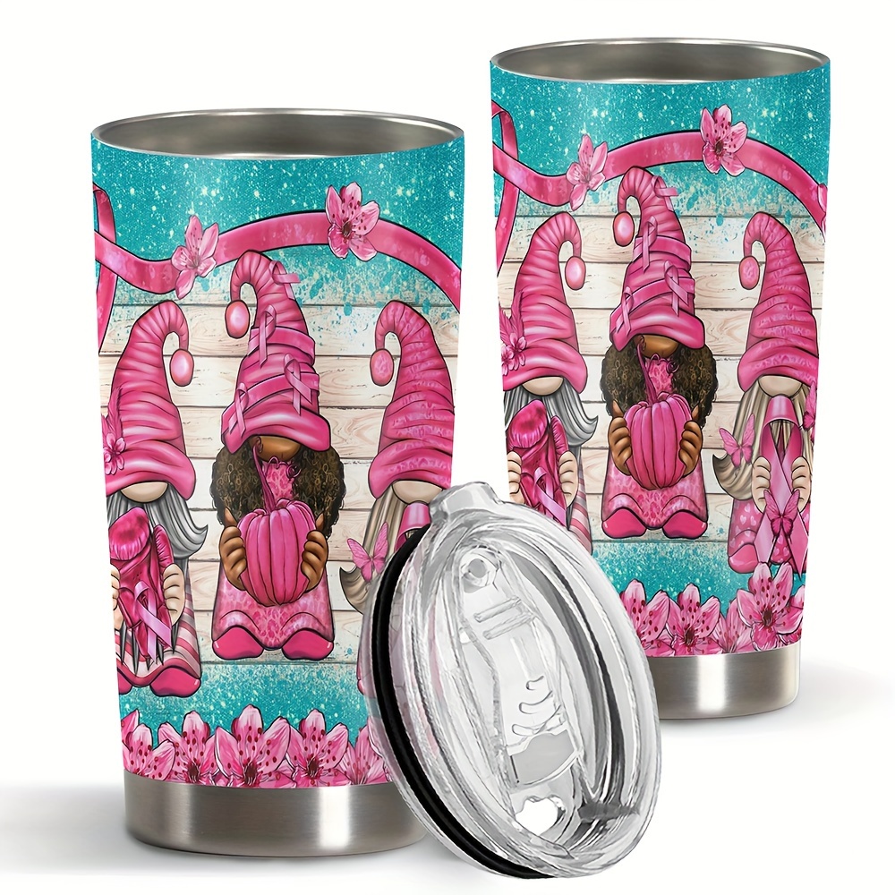

1pc 20oz Stainless Steel Tumbler With Funny Gnomes & Pink Flowers, Double Wall Vacuum Insulated Travel Mug With Sliding Lid, Keeps Drinks Hot For 6 Hours & Cold For 24 Hours
