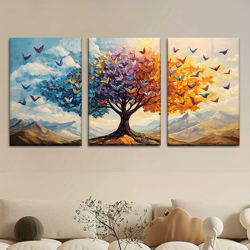 TEMU 3pcs/set, Canvas Painting--unframed, The Colorful Tree Of Life, Artist Drawing Set, Living Room, Library, Office, Cafe, Bar, Abstract Art,