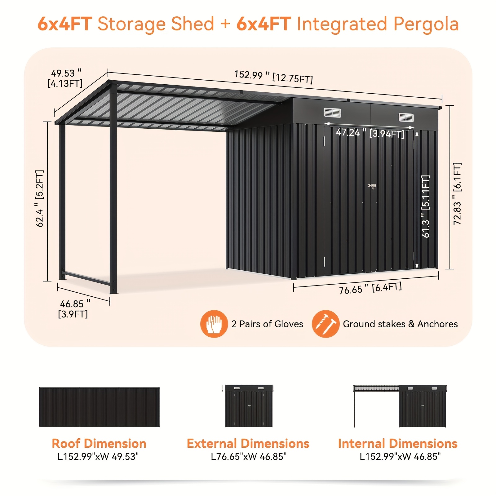 TEMU 6x4ft Outdoor Storage Shed And Gazebo Combination, A Outdoor Setup, 12x4ft Metal Lean-to Shed With An Open-sided Pergola, A Sturdy Garden Tool
