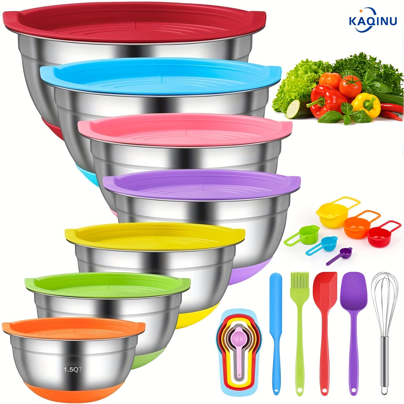 

6/8/18pcs Mixing Bowls , 18pcs Steel Nesting Mixing Bowls Set Bottom, Size 7, 5.5, 4, 3.5, 2.5, 2, 1.5 Qt, Mixing &