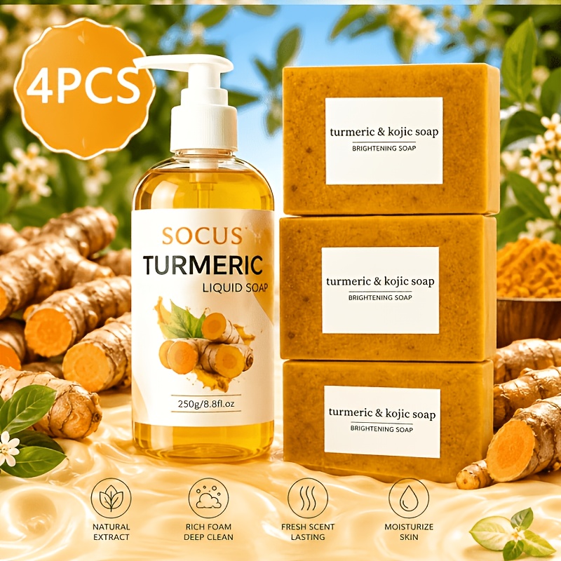 Image of 4pcs Turmeric Bath Set, Containing 3 Turmeric Soaps + Wash, Removes Body Odor, Cleans Facial Pores, Gently Regulates Oil Secretion, Moisturizes And Skin, While Keeping You Fresh For A Long Time