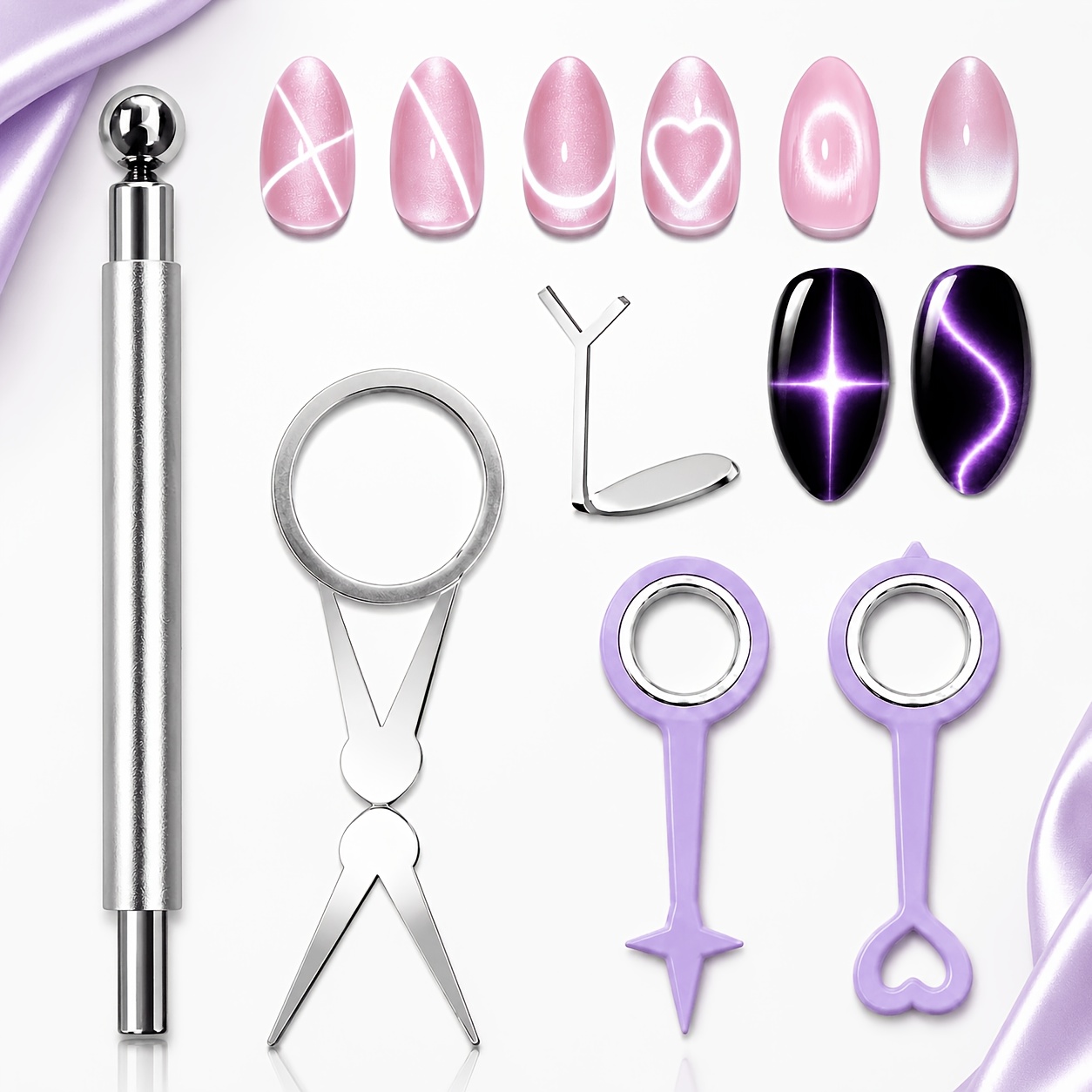 TEMU Set di 7 magneti occhio indispensabili, strumenti occhio a cuore/french tip//croce/curva, articoli indispensabili per estetiste unghiere,