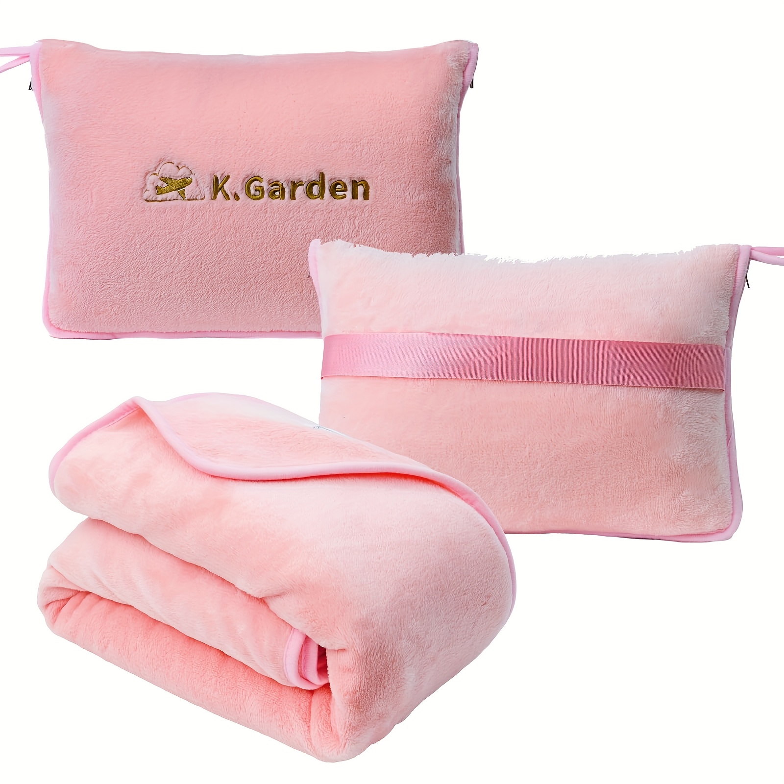 

2-in-1 Soft Flannel Travel Blanket & Pillow - Allergy-friendly, Machine Washable, Pink, All , With Luggage Strap - Ideal For Airplane & Car