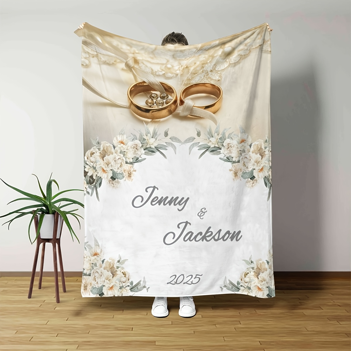 TEMU Personalized Wedding Blanket - Custom Name And Date, Floral Print Wedding Ring Pattern - Beige/green/white/gray - Soft Flannel Couple's Gift,