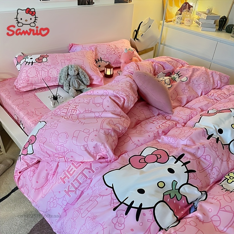 

Sanrio Hello Kitty Bedding 4 Pieces Set, Queen Size Bed Linen Pillow Cases Quilt Cover, Cartoon Summer Thin Style Cute Sheets Without Pillow Core And Quilt Accessories