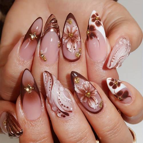 24pcs french tips press on nails medium almond acrylic fall nails 3 flowers bead surface glossy brown nails full cover stylish vintage for woman daily wear festival to apply