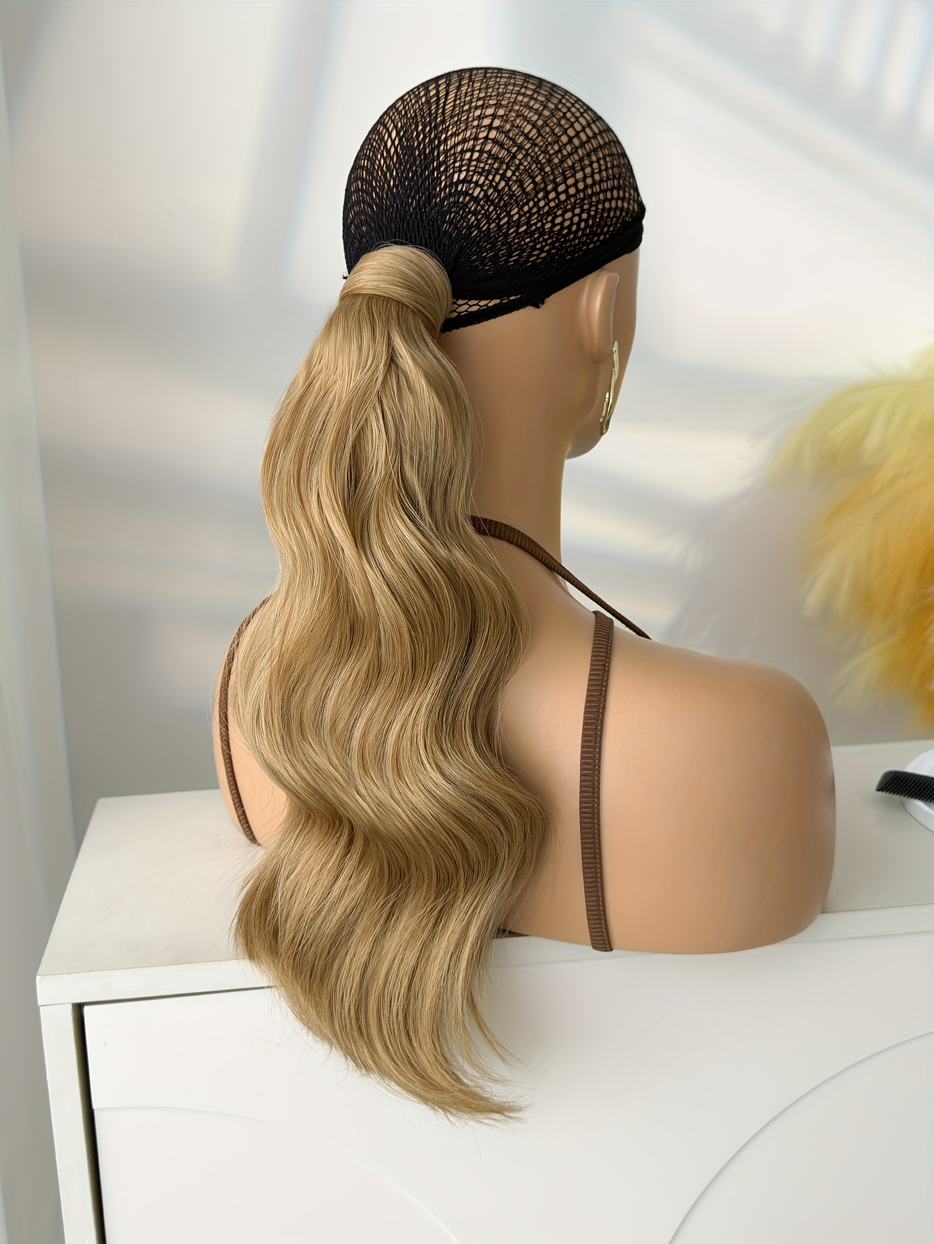 clip style golden ponytail extension wrap - dark brown body wave synthetic hair, 35.56 cm heat-resistant hard hairpiece for women & girls, daily use ponytail wrap for volume & texture, ponytail hair extensions, secure clip attachment details 2
