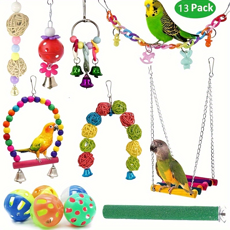 

13-piece Parrot Playset: Colorful Wooden Chew Toys, Swing, Stand & Hammock With Bells - Bird Cage Accessories
