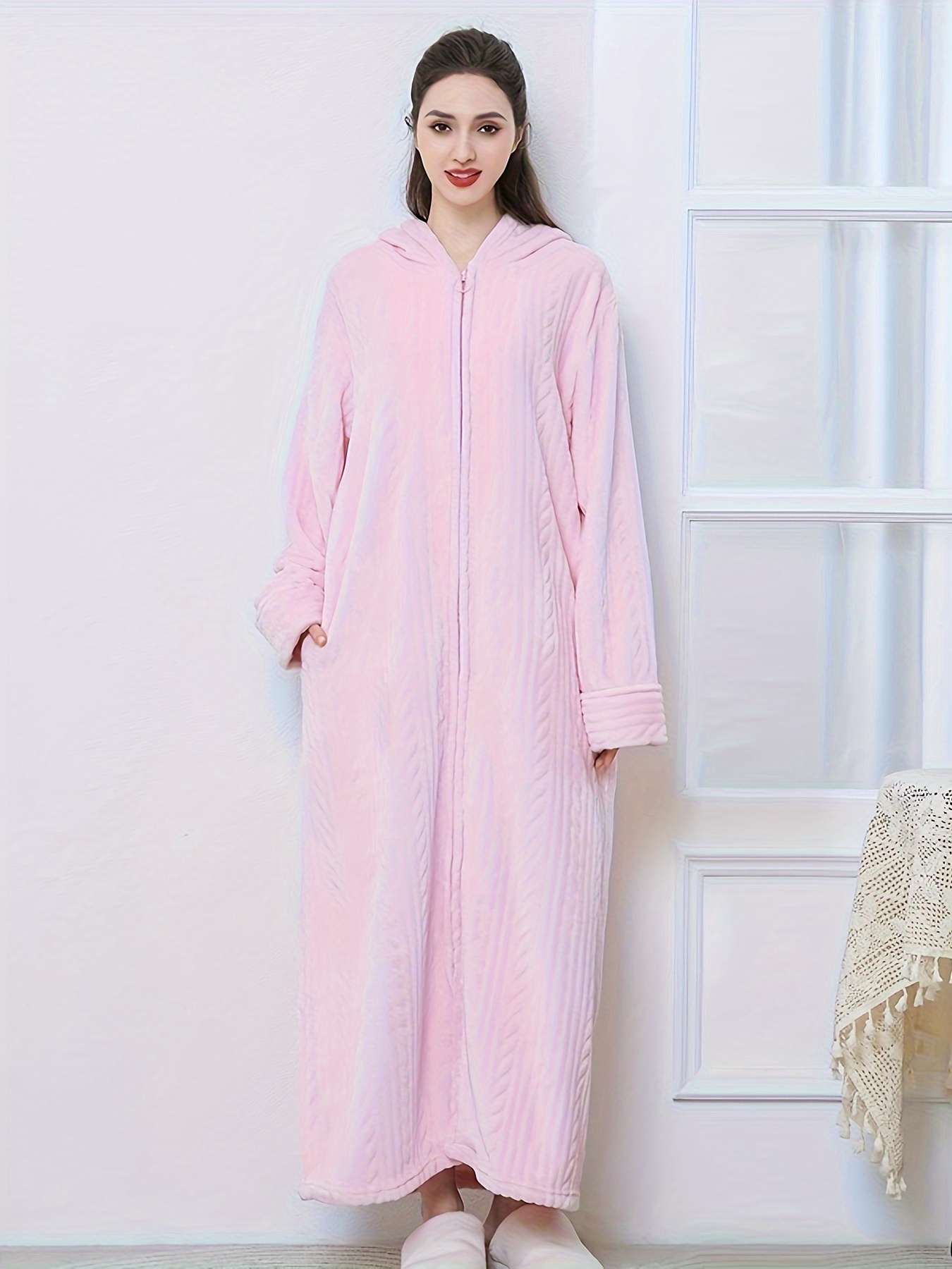 women's elegant v neck hooded zipper flannel robe thickened Temu