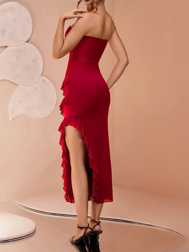 elegant red shoulder ruffle hem bodycon dress women high - Temu Australia elegant red shoulder ruffle hem bodycon dress women high - Temu Australia
