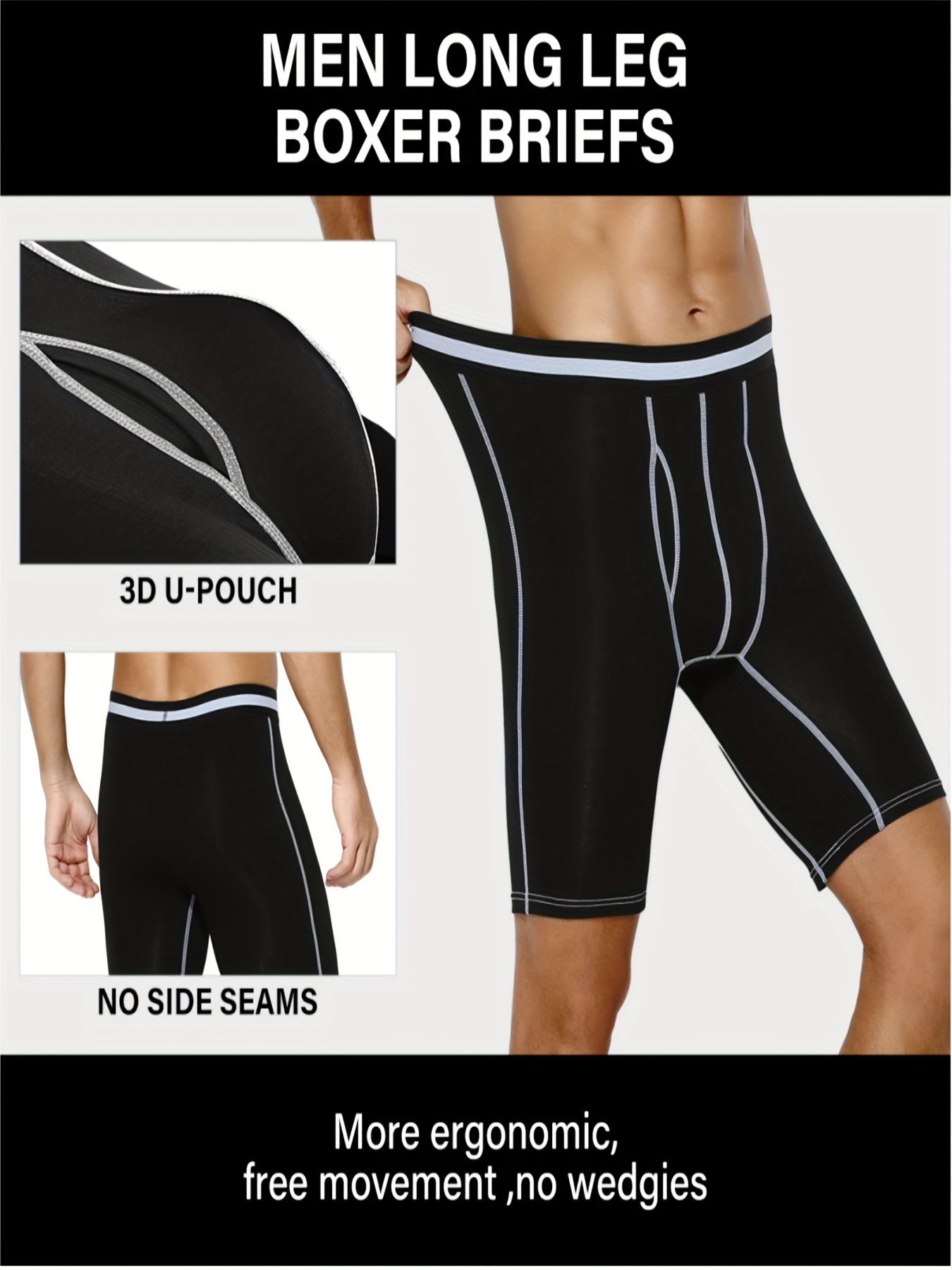 4pcs Men's Long Leg Cotton Underwear Total Support Pouch Boxer Briefs with Open Fly Pouch, Men's Cycling Sports Wear Bottoms, Moisture Wicking & Breathable Slimming Shapewear Body Shape for Men - Image 6
