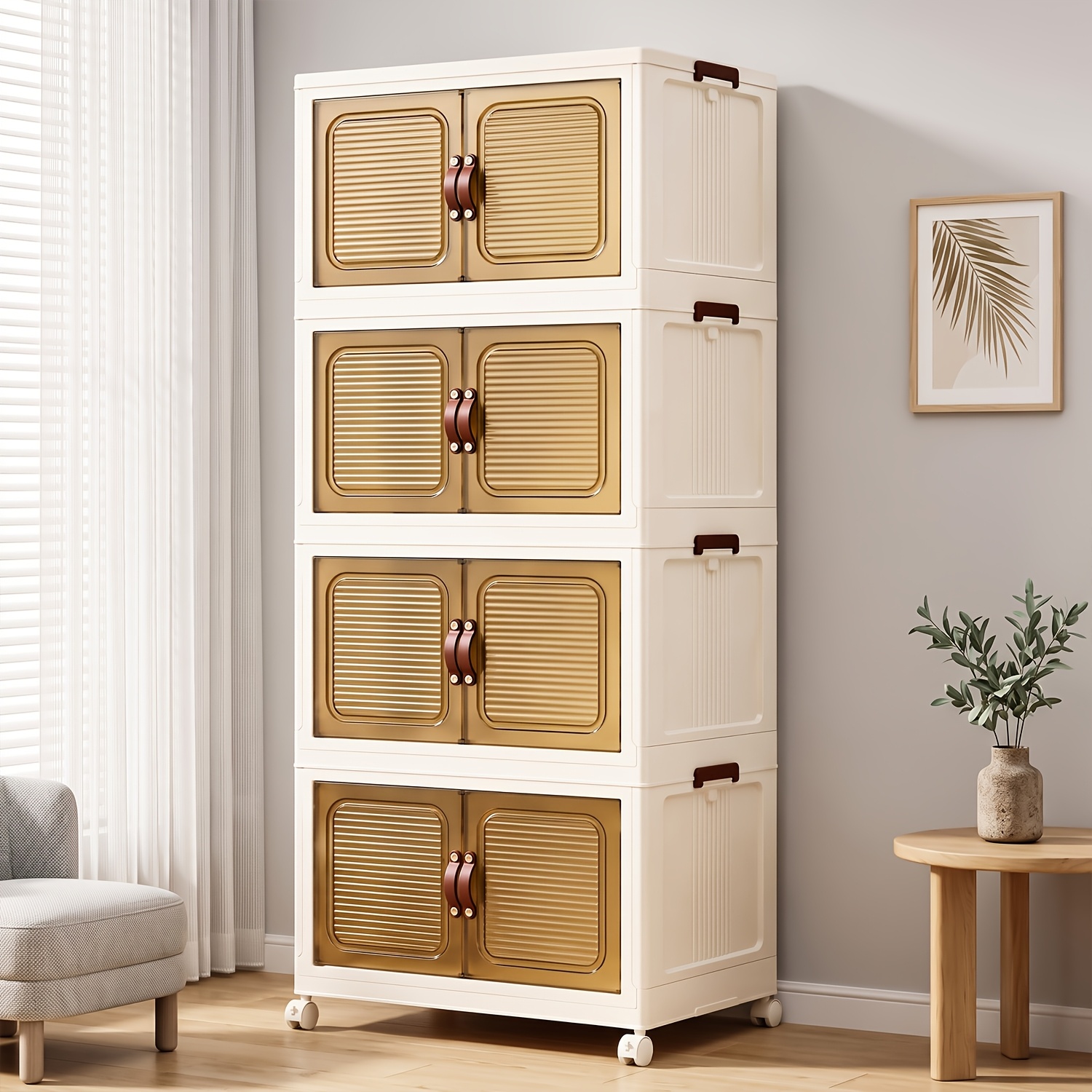 TEMU Armoire de rangement pliable de 70 cm avec portes transparentes, organisateur roulant de grande avec roulettes verrouillables, PP+PET