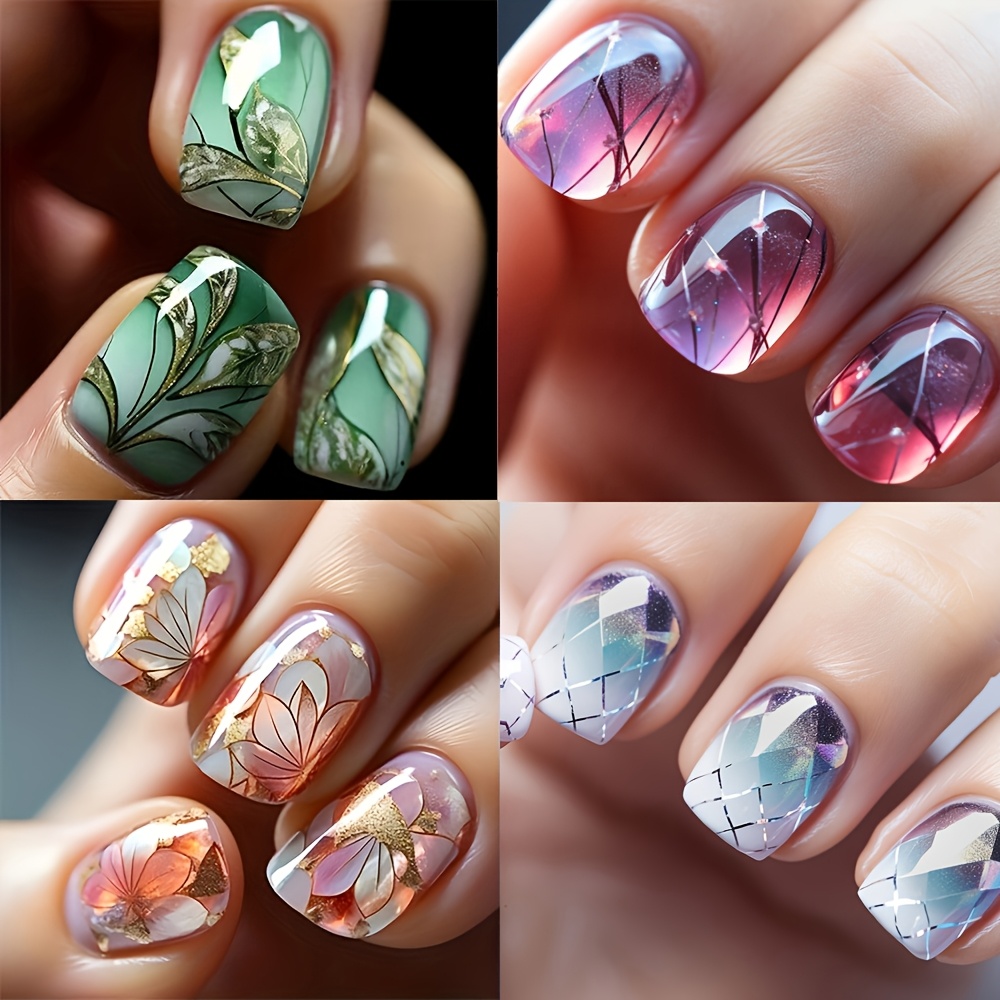 Image of 4 Sets 96pcs Short Squoval Press On Nails Pink And Green Gradient Fake Nails With And Flower And Green Plant Pattern Reusable Fake Nails For Women And S