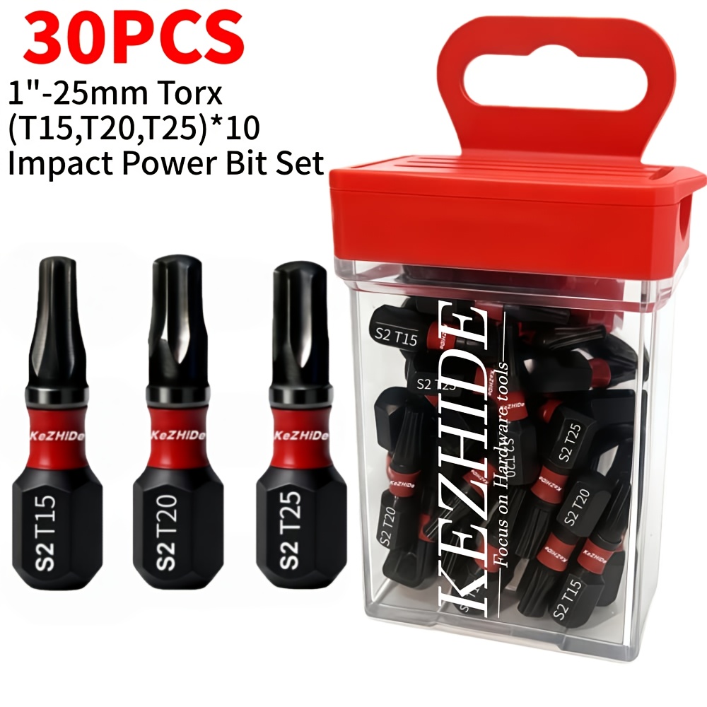 Image of 30pcs - (t15, T20, T25)*10 - 1 Inch 25mm Impact Screwdriver, Easy To Carry, Anti-drop Red Plastic Box Packaging