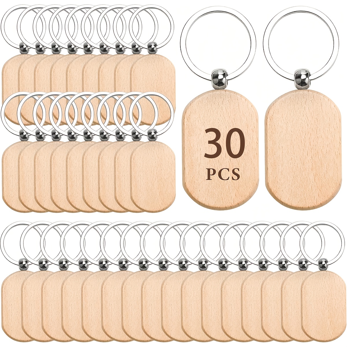Image of 30pcs Set Of Wooden Round Tag Keychains, Key Tags, Creative Small Gifts, Crafts, Wooden Keychains, Pendants