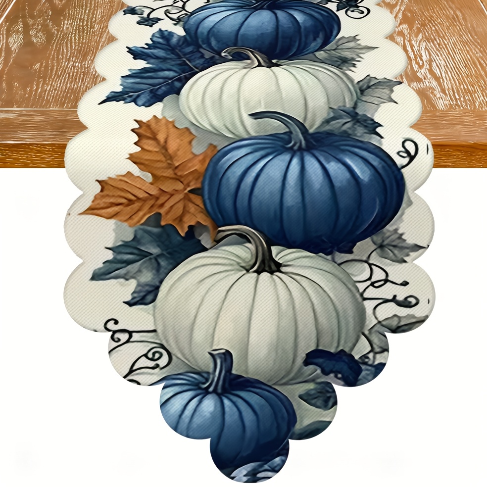 TEMU 1pc Fall Table Runner, Dark Stacked Pumpkin Navy Maple Vine Print, Fall Decor