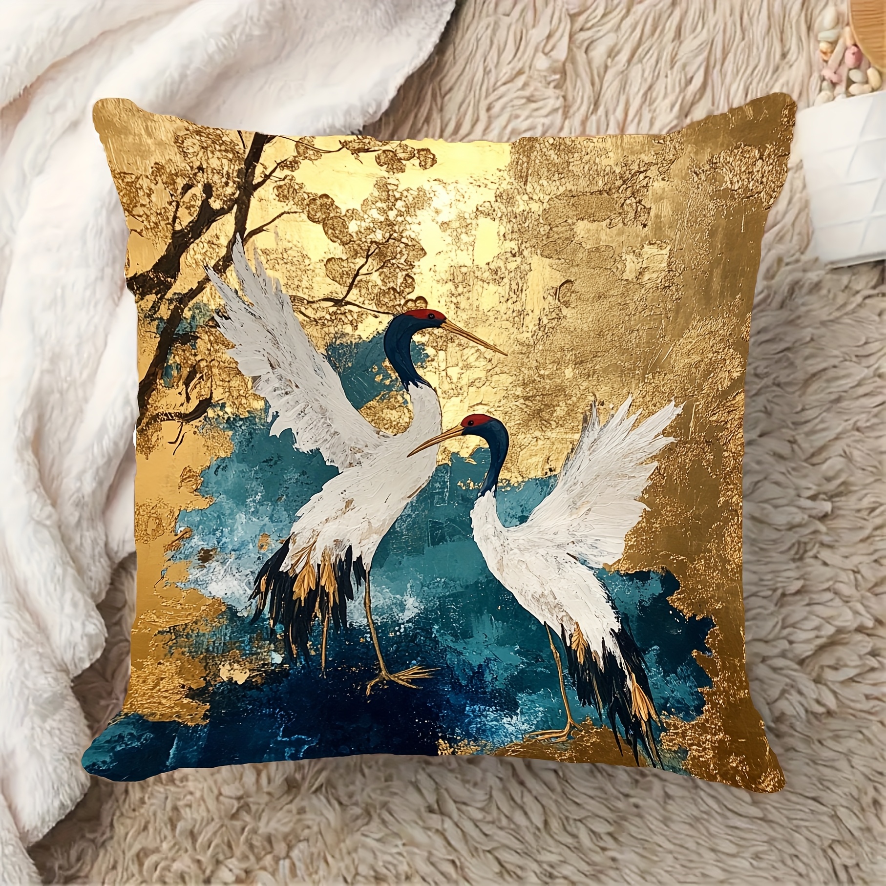 TEMU 1pc, Modern Polyester Fiber Pillowcase, 18x18 Inches, Chinese Art Crane And , Zipper Closure, Machine Washable, For Rv Bedding, Sofa, Bedroom,