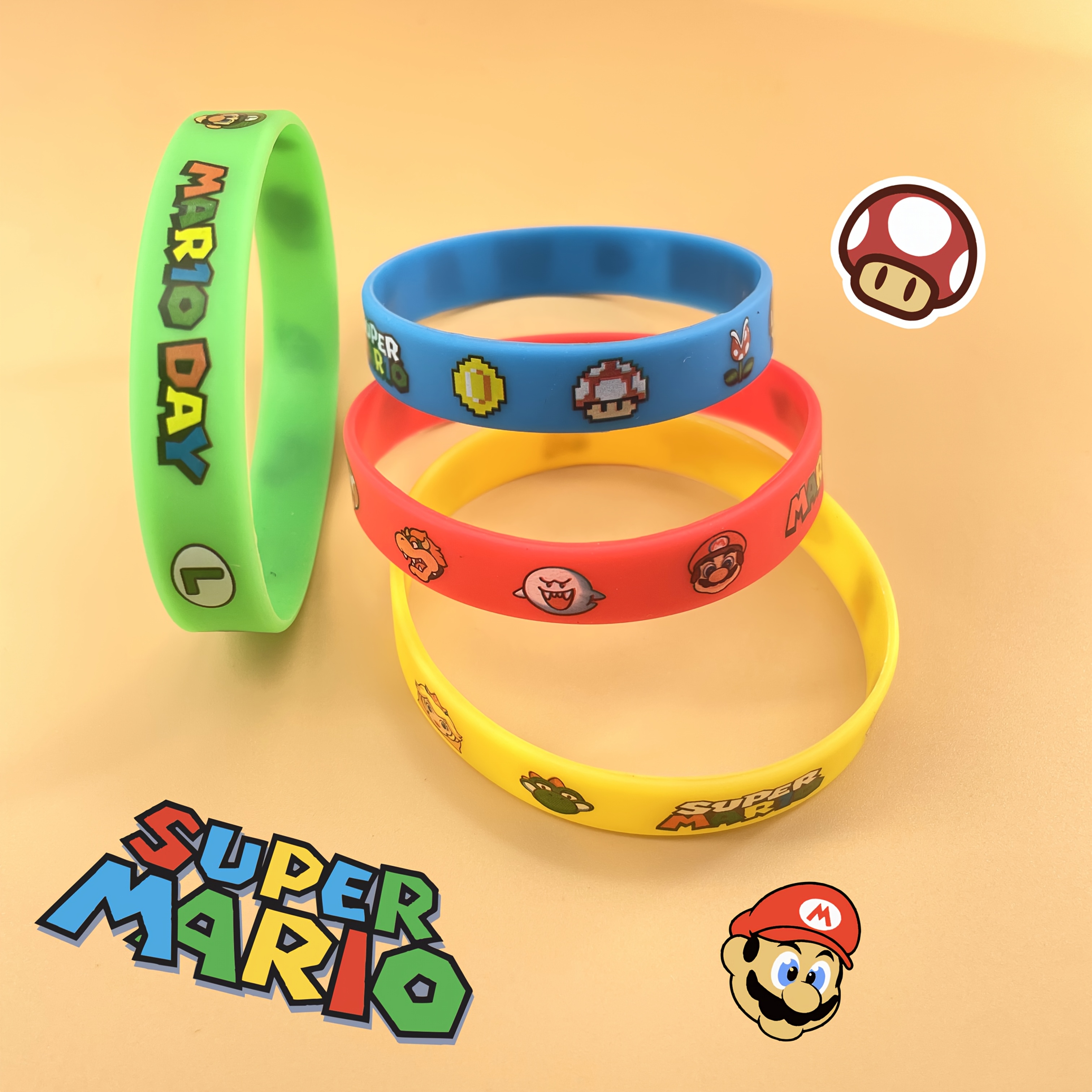 

Un ensemble de 4 bracelets de poignet en silicone avec des dessins animés SUPER MARIO, des bracelets de poignet mignons adaptés aux cadeaux de fête et à divers rassemblements festifs.