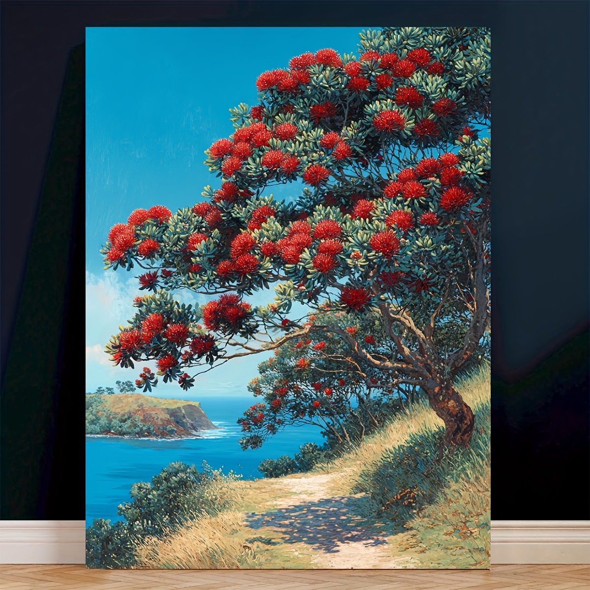 TEMU 2d Flat Canvas Art Print Featuring New Zealand Flowers, Measuring 30.48x40.64 Cm - A Comic-style Of Red Flowers And Coastal Scenery, Decorating