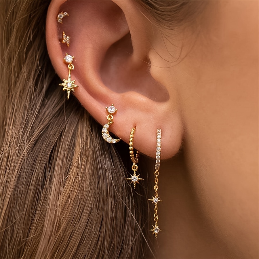 

6-piece Vintage Bohemian Style Earrings, Asymmetrical Star And Moon Design, Fashion Zircon Studs, High-end Copper Zircon Drop Earrings For Women Gifts For Eid
