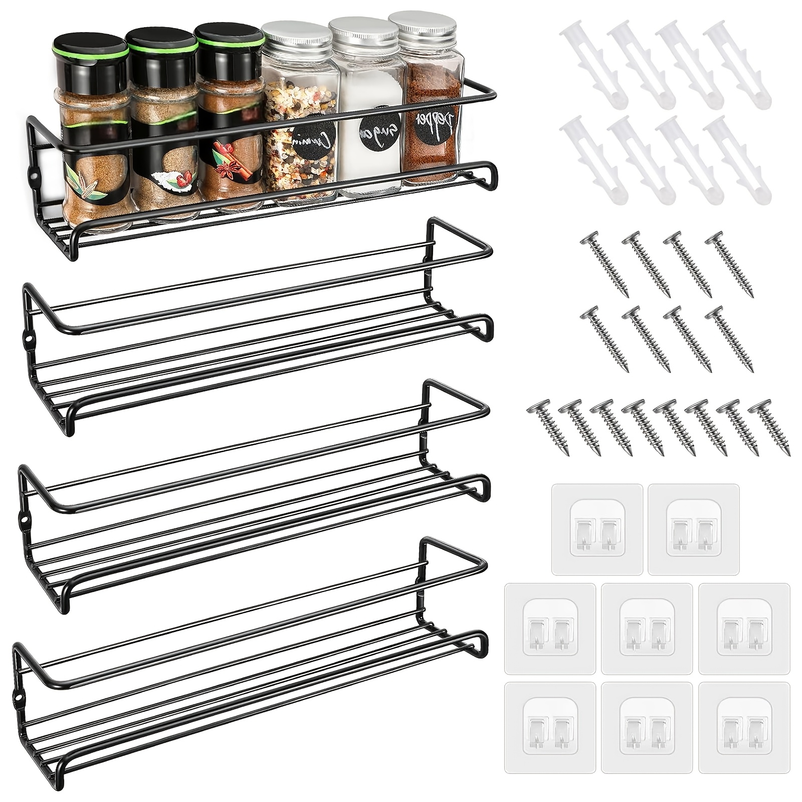 Image of 4pcs Set Stainless Steel Wall-mount Spice Racks, Wall Holder For Spice Bottles, Dual Installation Option With Screws Or Adhesive Brackets, For Kitchen, Bathroom And Household, No Drilling Required