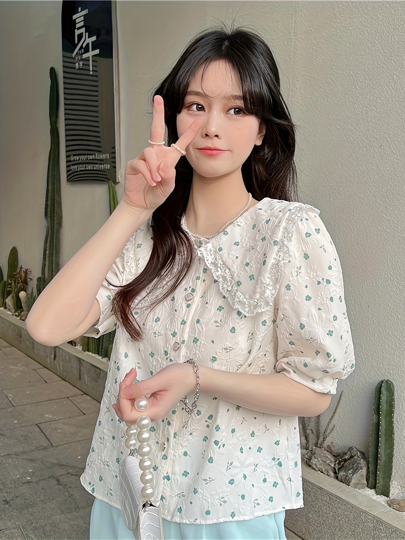 womens cute floral print blouse lace details short sleeve Temu