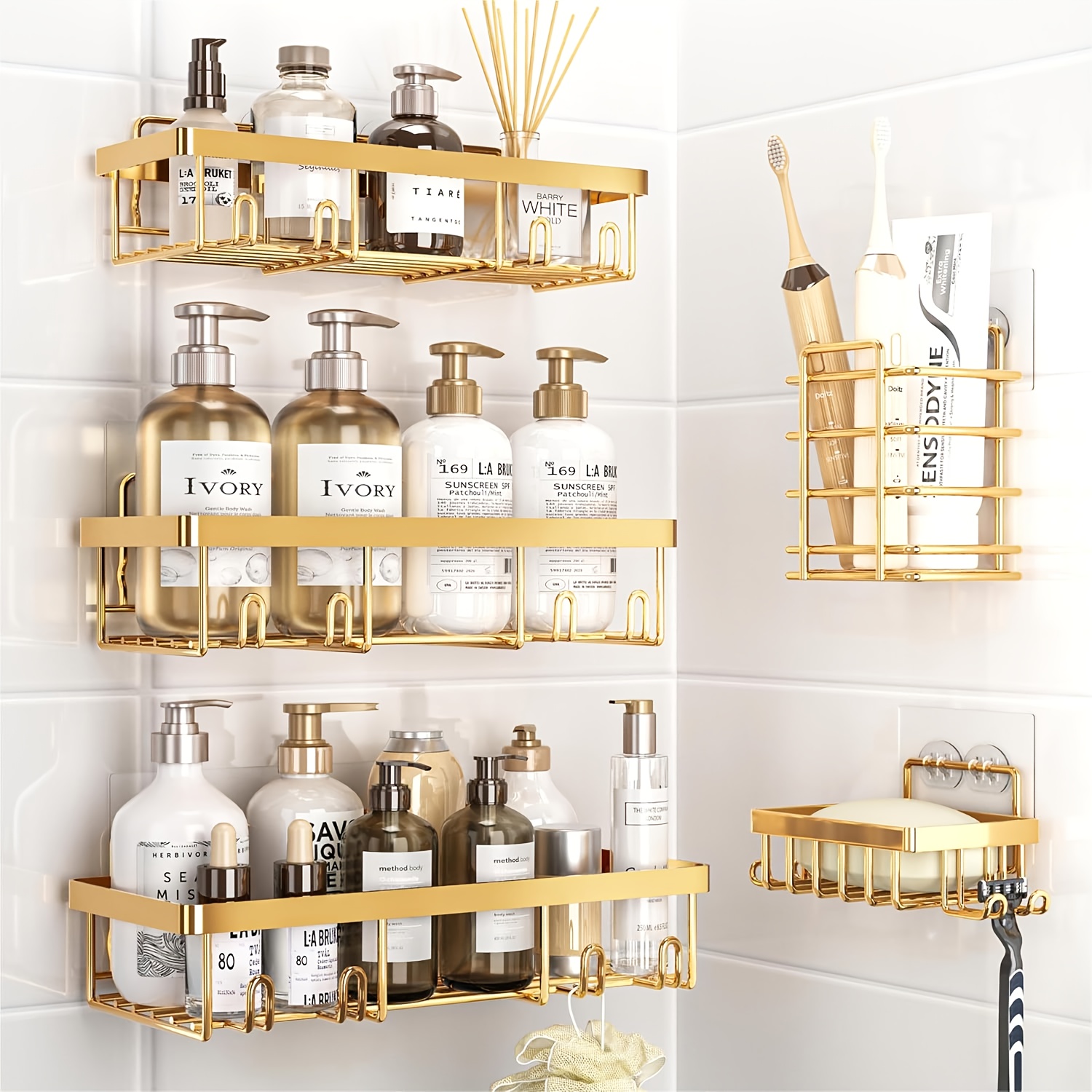 E-shop Duschregal-Set 5er-Pack, fortschrittliches rostfreies Design, bohrfreie Klebegestelle, Gestell mit Seifenschale, Badezimmer-Organizer