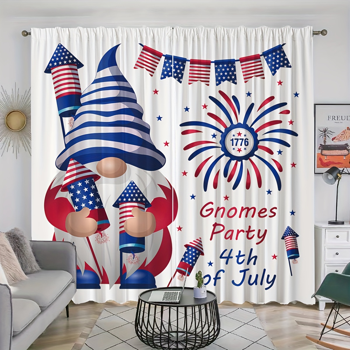 

2pcs Gnome Handheld Fireworks Celebration Independence Day Curtains, Rod Pocket Curtain, Suitable For Restaurant Public Place Living Room Bedroom Office Study, Home Decor