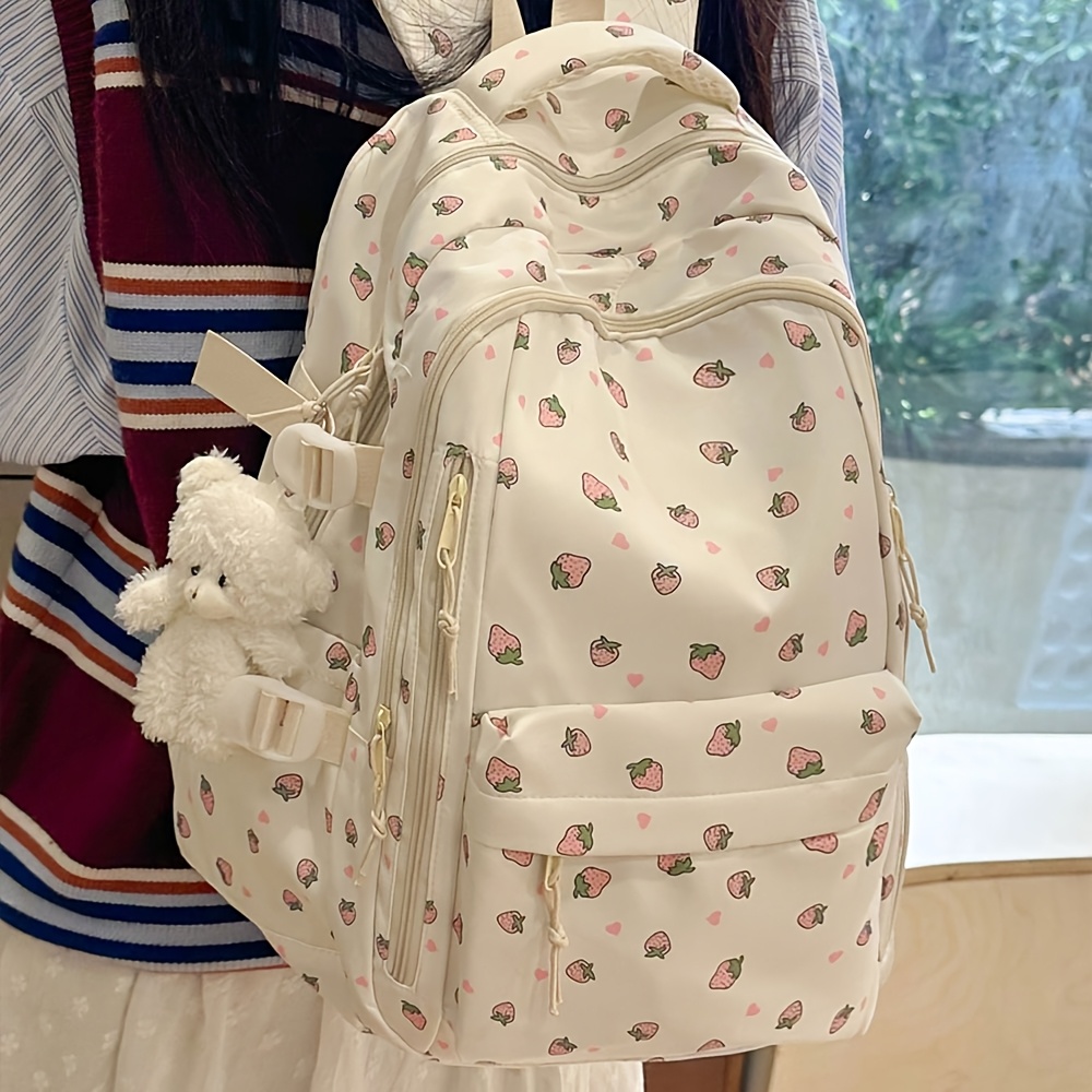 fashion printed rose ladies backpack multi compartment and pockets thick and sturdy student backpack with teddy bear pendant decoration large capacity details 2