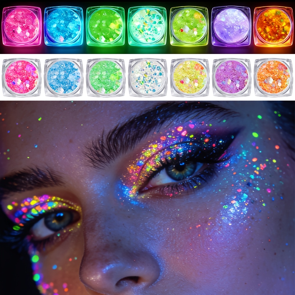 7 farben leuchtendes glitzer-gel auf wasserbasis, schnelltrocknendes selbstklebendes neon-glitzer für körper gesicht, luminöser glitzer für blacklight, holographischer meerjungfrau-  für karneval, halloween, rave, edm-festivals, regenbogenfarben accessoires