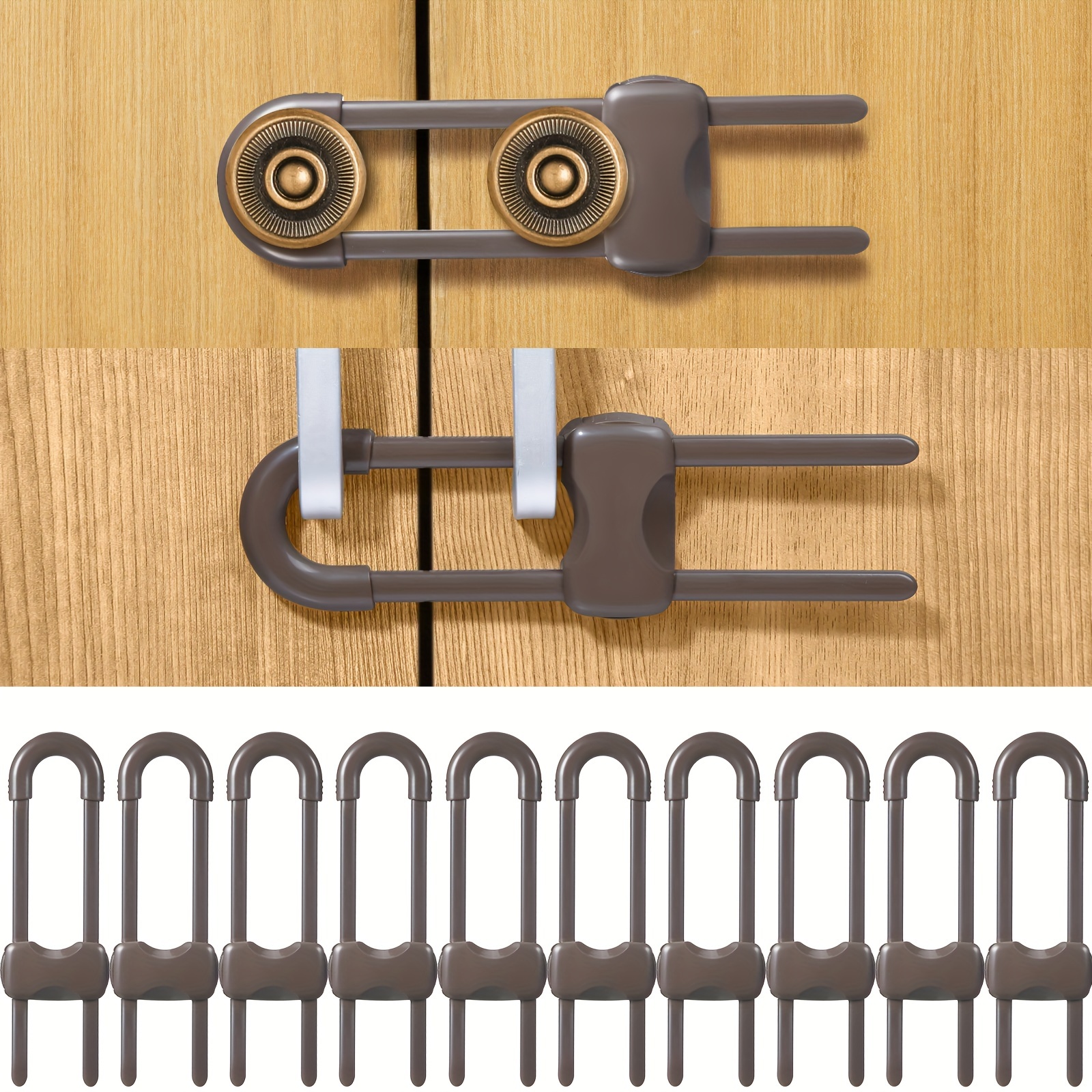 

10 Pieces Cabinet Locks For People, U-shaped Proofing Drawers Safety Locks Adjustable, Childproof Latch For Knob Handle On Kitchen Door Storage Cupboard Closet (brown)