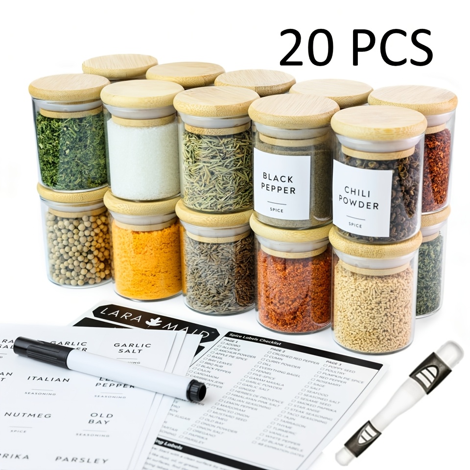 20pcs glass spice jars with bamboo lids labels 2 5oz round empty suitable for salt herbs sugar pepper containers glass bottles with bamboo caps for pantry organization storage for or commercial use