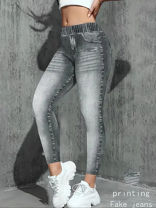 womens high waisted fit denim leggings gradient blue stretch machine washable casual pants not jeans able casual attire sleek smooth texture fabric