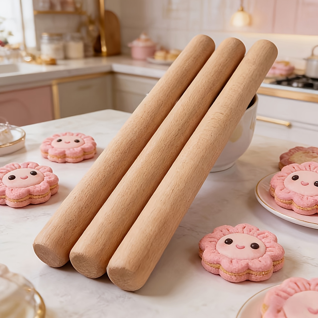 TEMU 3pcs Flavorless Wooden Rolling Pin, Suitable For Dough In Kitchen Baking Tools, Ideal For Restaurant Use