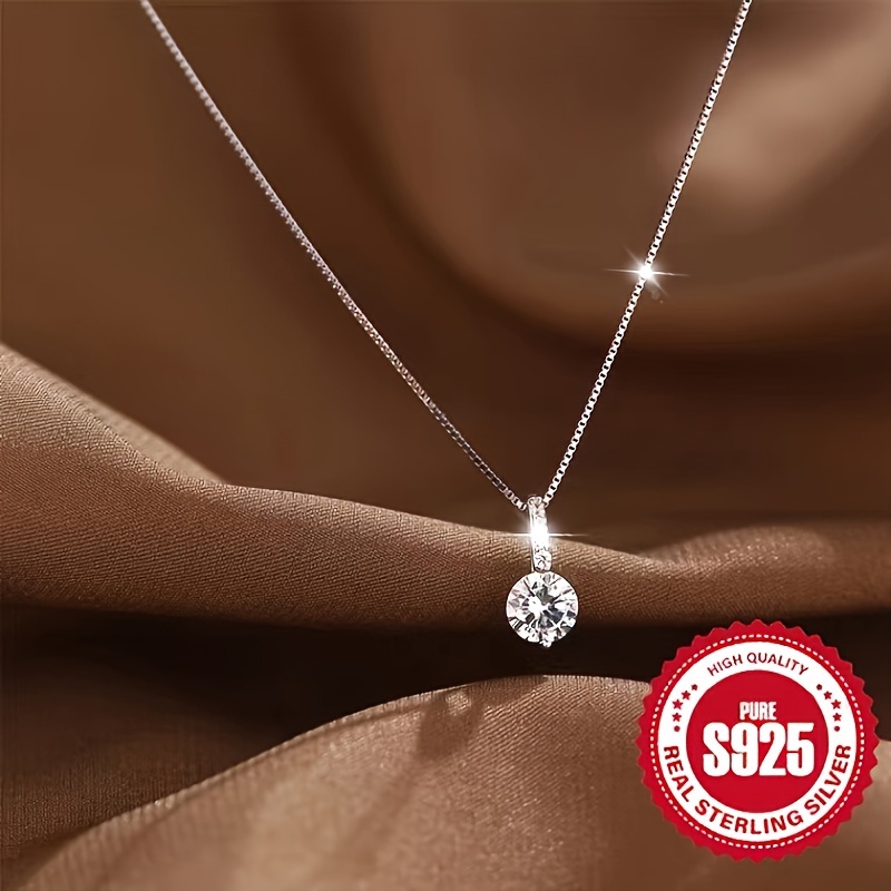 

S925 Sterling Sliver Glitter Single Round Zircon Pendant Necklace, Elegant Style Geometric Water Drop Collarbone Chain Hypoallergenic Jewelry Gifts For Women